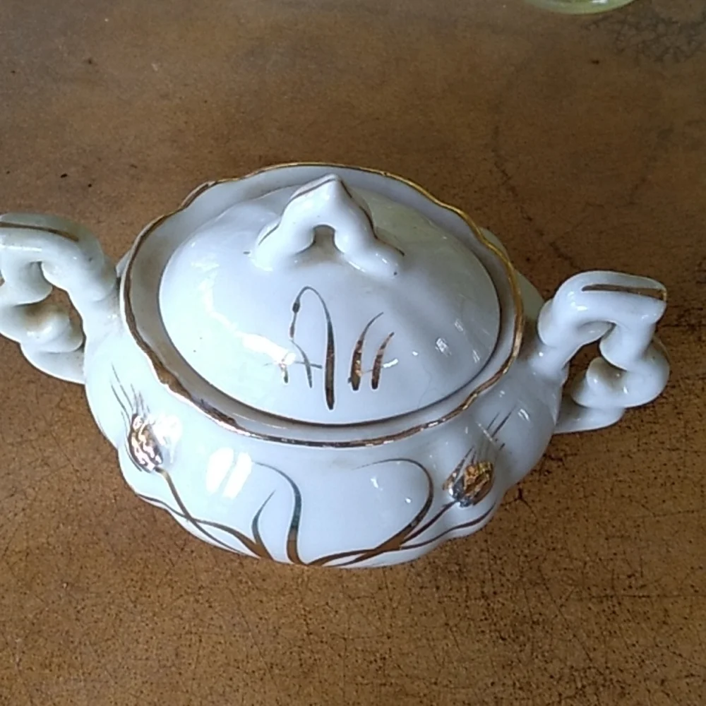 Vintage 1940s Japan white gold Pacific sugar dish farmhouse shabby chic boho